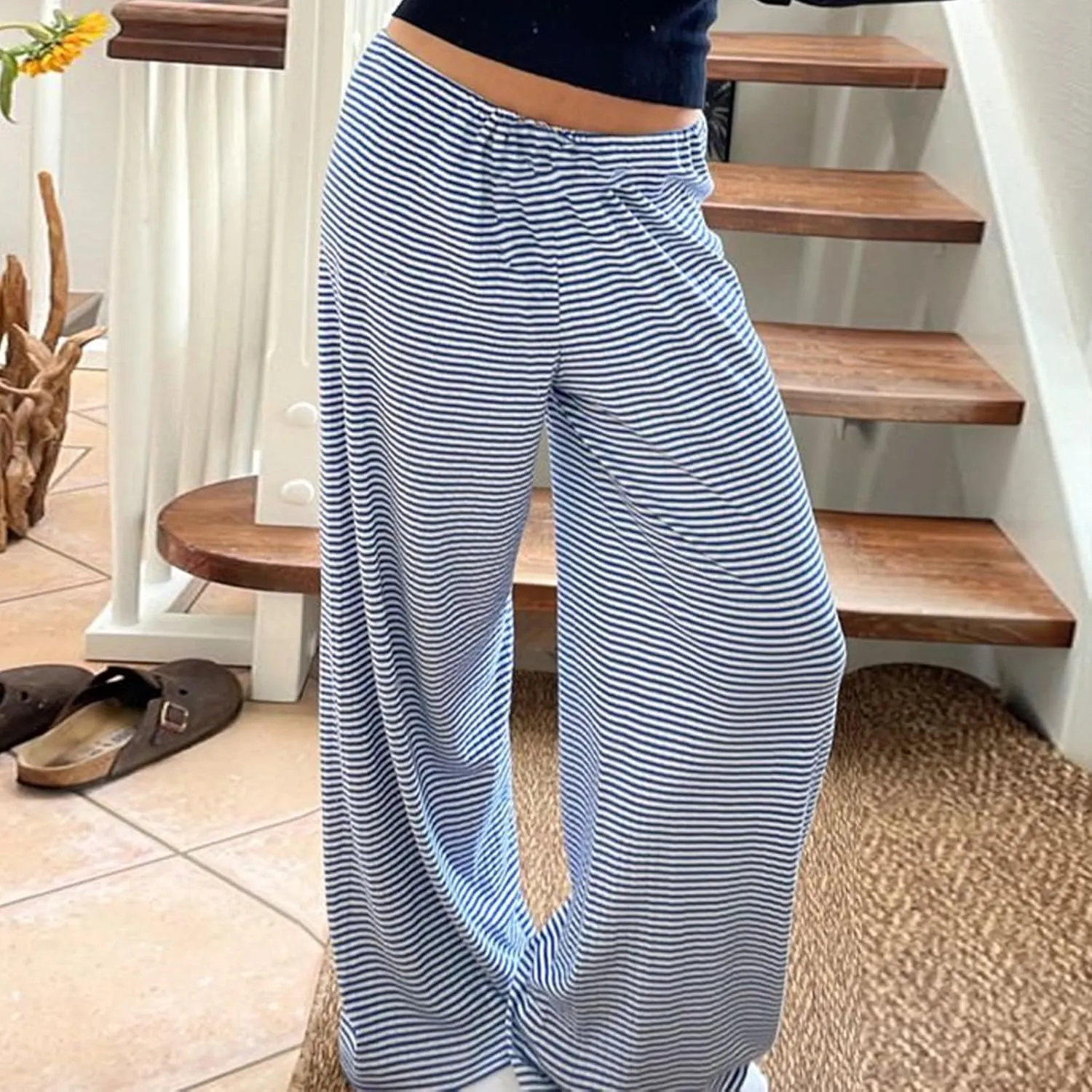 Y2k Striped Pants for Women Wide Leg Drawstring Elastic Low Rise Pajama Pants Lounge Wear Trousers