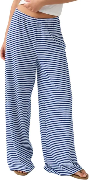 Y2k Striped Pants for Women Wide Leg Drawstring Elastic Low Rise Pajama Pants Lounge Wear Trousers