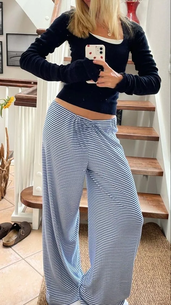 Y2k Striped Pants for Women Wide Leg Drawstring Elastic Low Rise Pajama Pants Lounge Wear Trousers