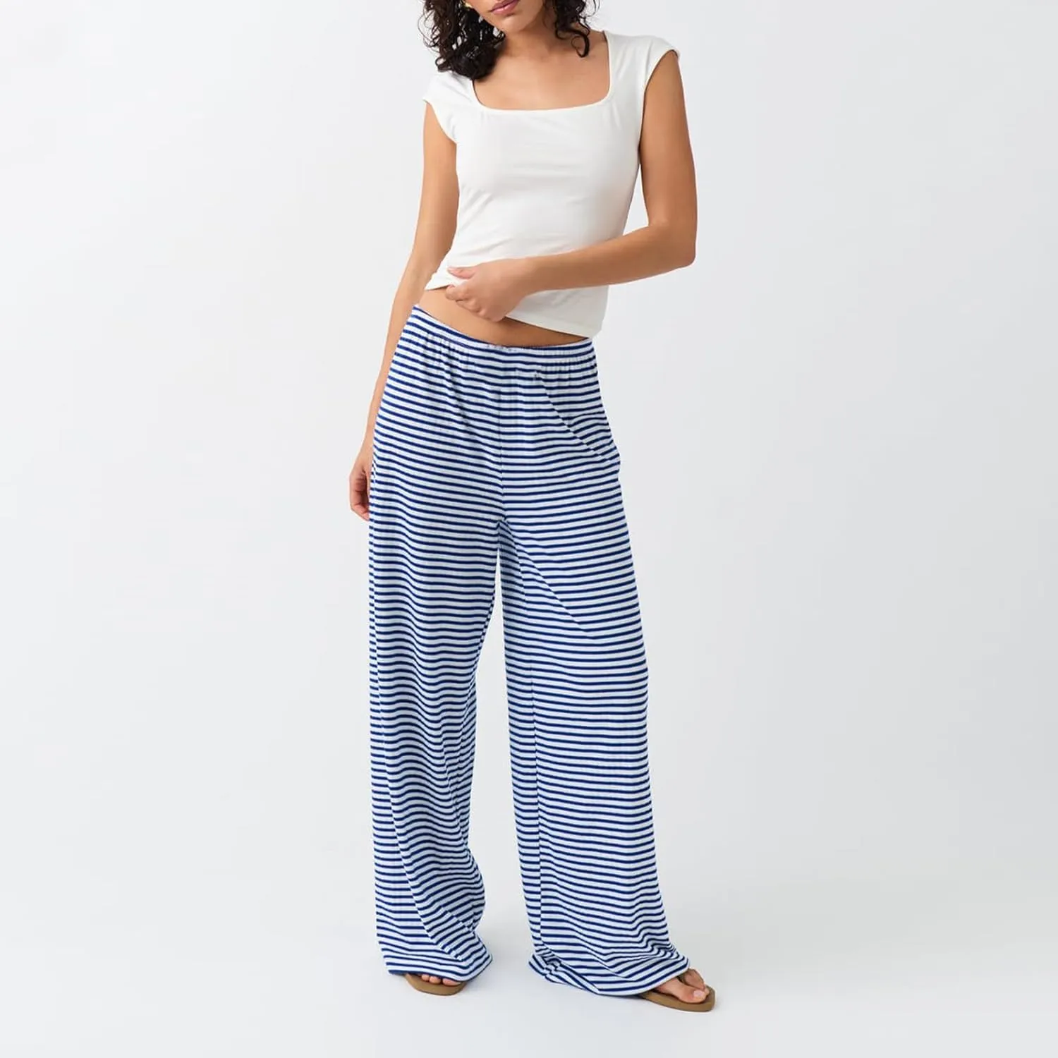 Y2k Striped Pants for Women Wide Leg Drawstring Elastic Low Rise Pajama Pants Lounge Wear Trousers