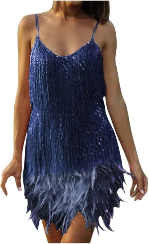 yardsong Womens Glitter Sequin Dress Tassels Fringe Nightclub Dress Sleeveless Slim Fit Sexy Tank Mini Dress