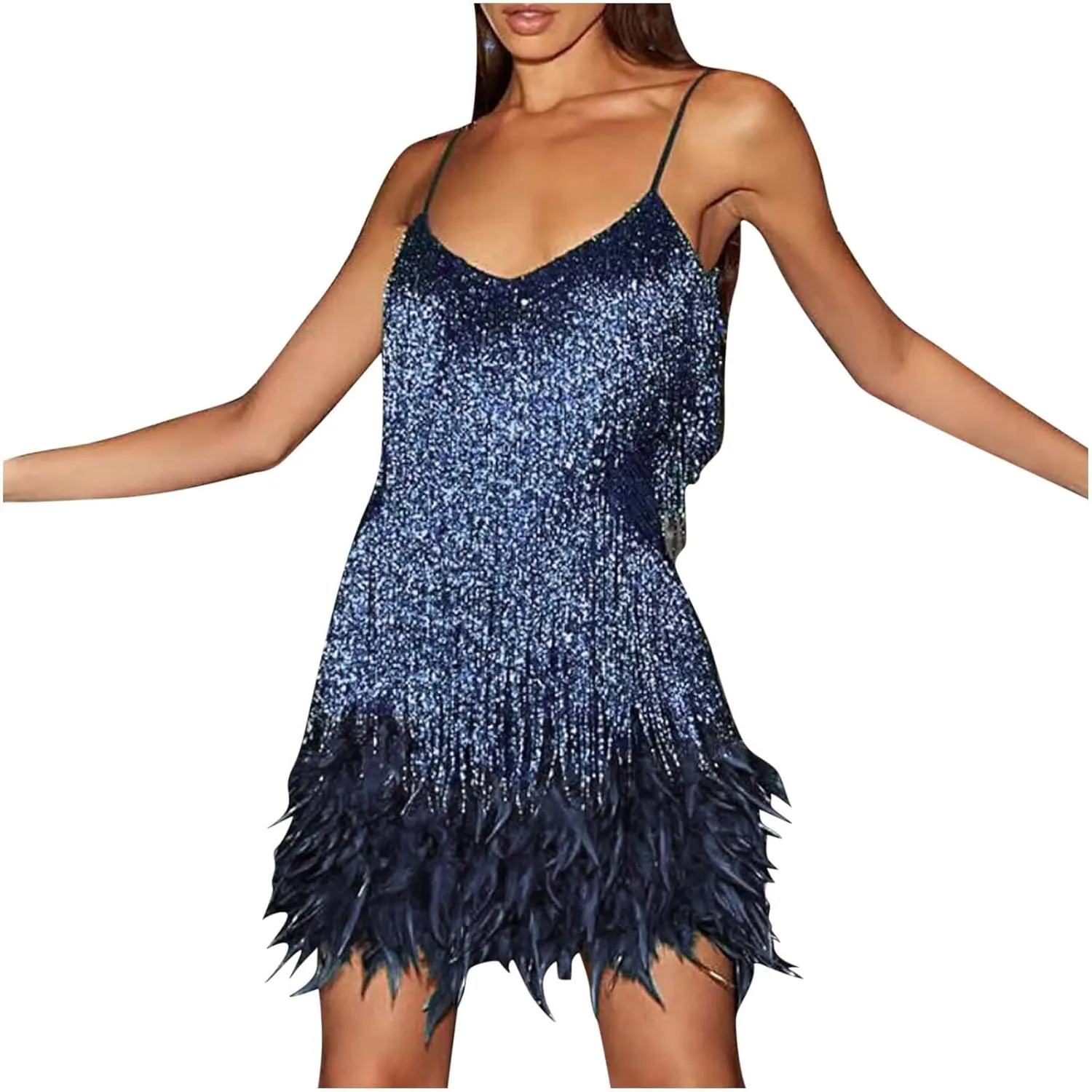 yardsong Womens Glitter Sequin Dress Tassels Fringe Nightclub Dress Sleeveless Slim Fit Sexy Tank Mini Dress