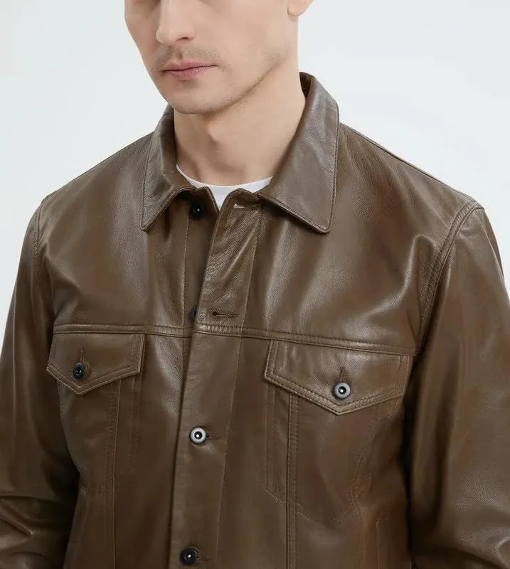 Yolo Jackets Real Lambskin Classic Shirt Style Trucker Leather Jackets for Men - Mens Leather Jacket