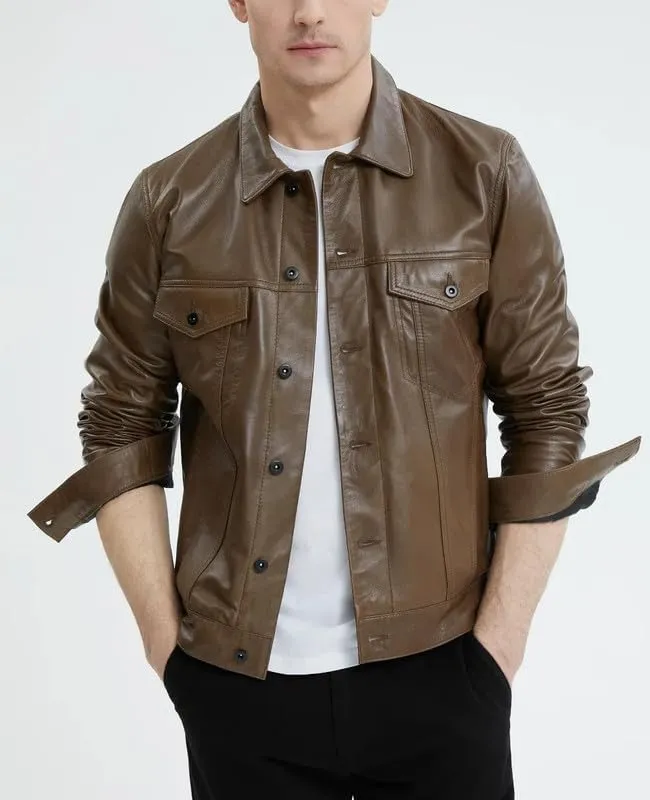 Yolo Jackets Real Lambskin Classic Shirt Style Trucker Leather Jackets for Men - Mens Leather Jacket
