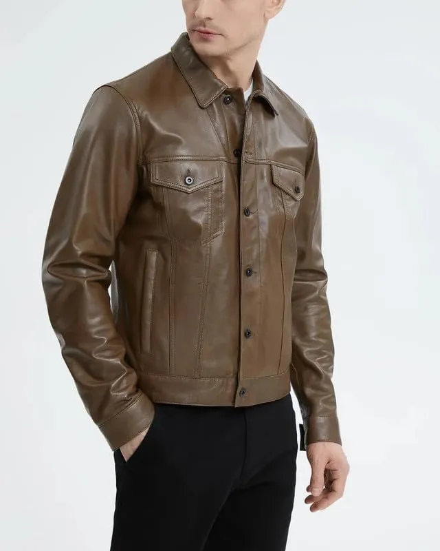 Yolo Jackets Real Lambskin Classic Shirt Style Trucker Leather Jackets for Men - Mens Leather Jacket