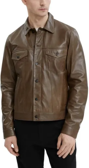 Yolo Jackets Real Lambskin Classic Shirt Style Trucker Leather Jackets for Men - Mens Leather Jacket