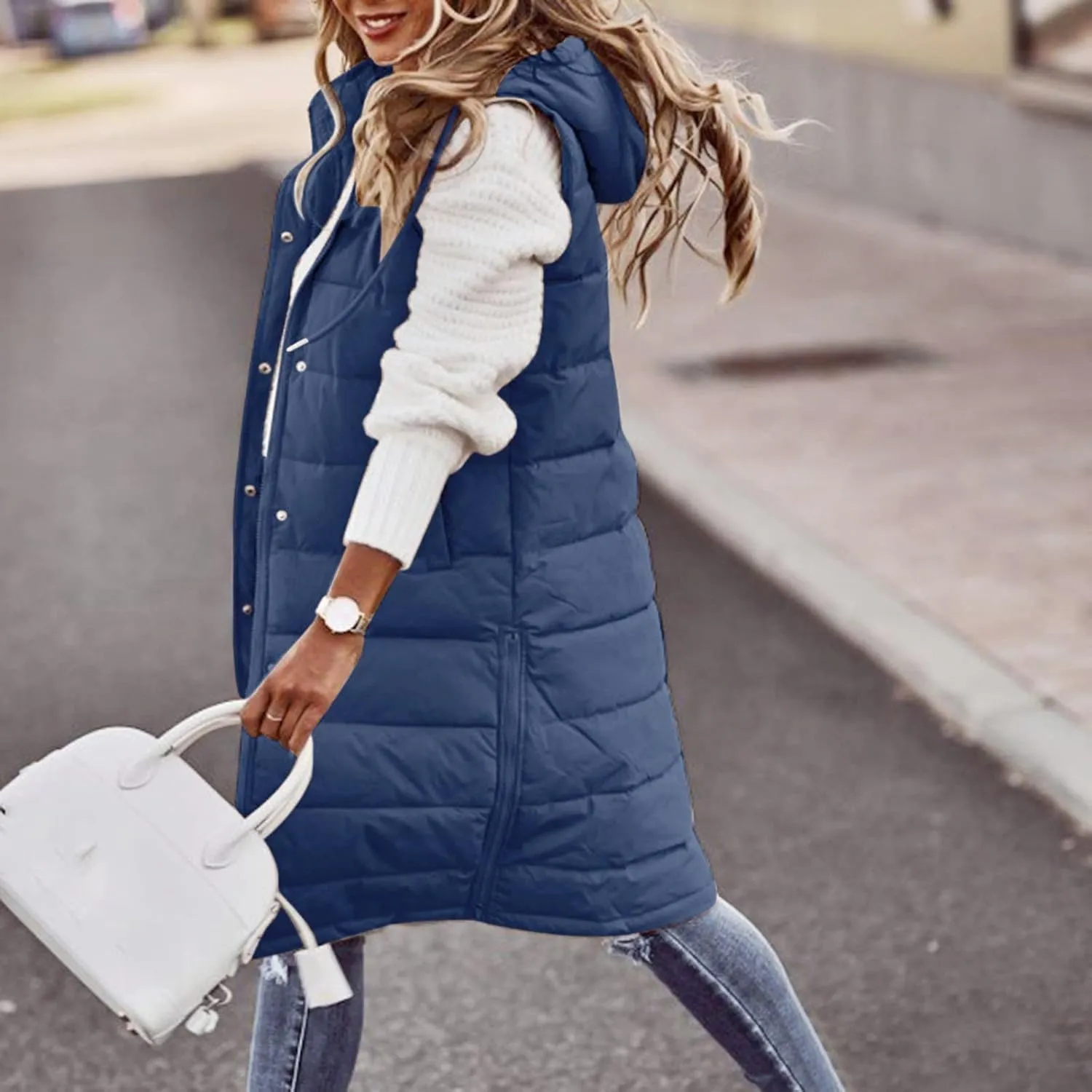 Zipper Puffer Vest For Women Lightweight Long Down Padded Gilet Coat Hooded Sleeveless Outdoor Puffer Jacket Vest