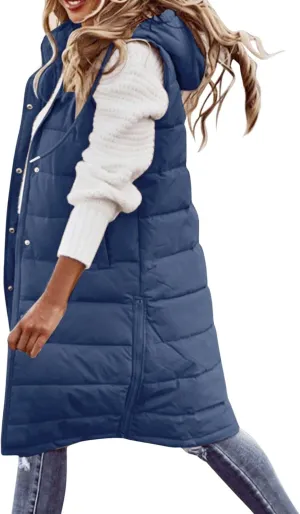 Zipper Puffer Vest For Women Lightweight Long Down Padded Gilet Coat Hooded Sleeveless Outdoor Puffer Jacket Vest