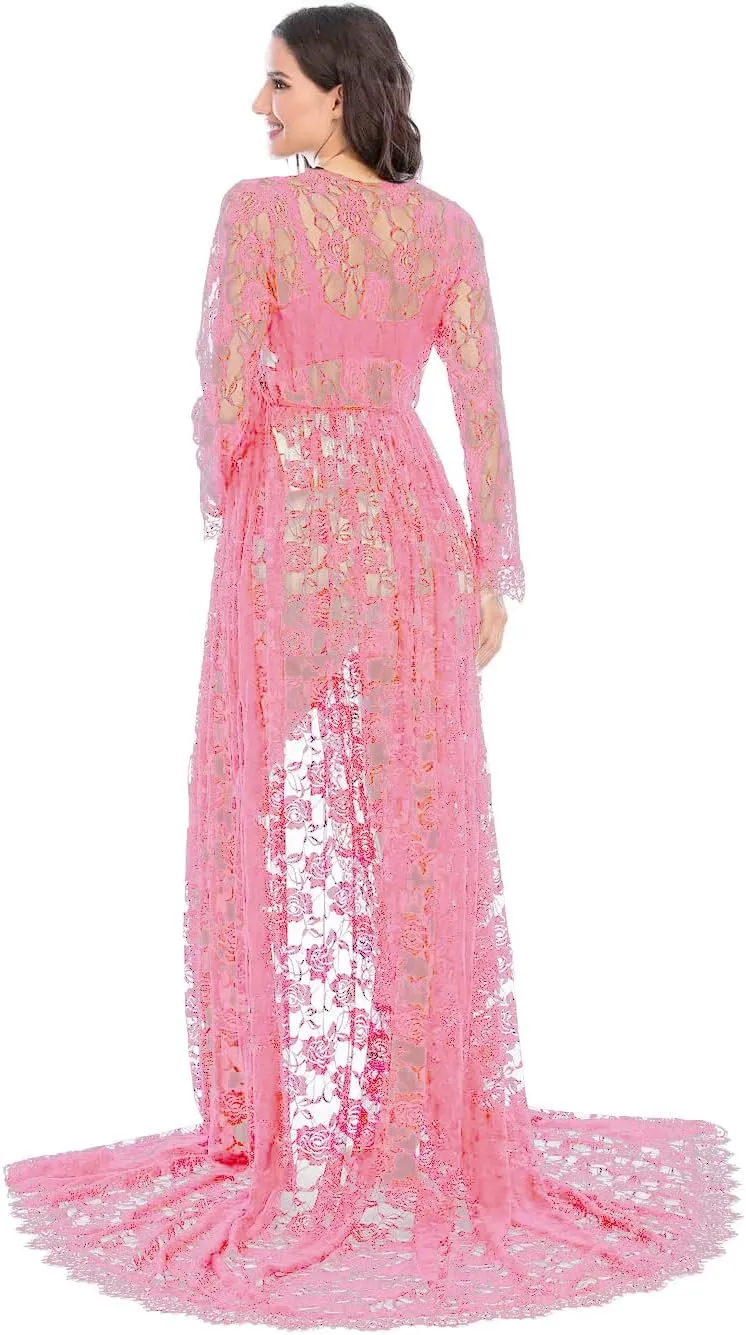 ZIUMUDY Maternity Deep V-Neck Split Front See-Through Maxi Lace Dress for Photography with Long Sleeve