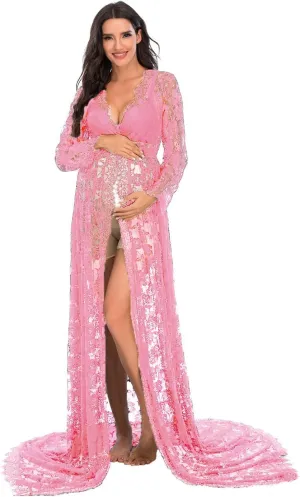 ZIUMUDY Maternity Deep V-Neck Split Front See-Through Maxi Lace Dress for Photography with Long Sleeve
