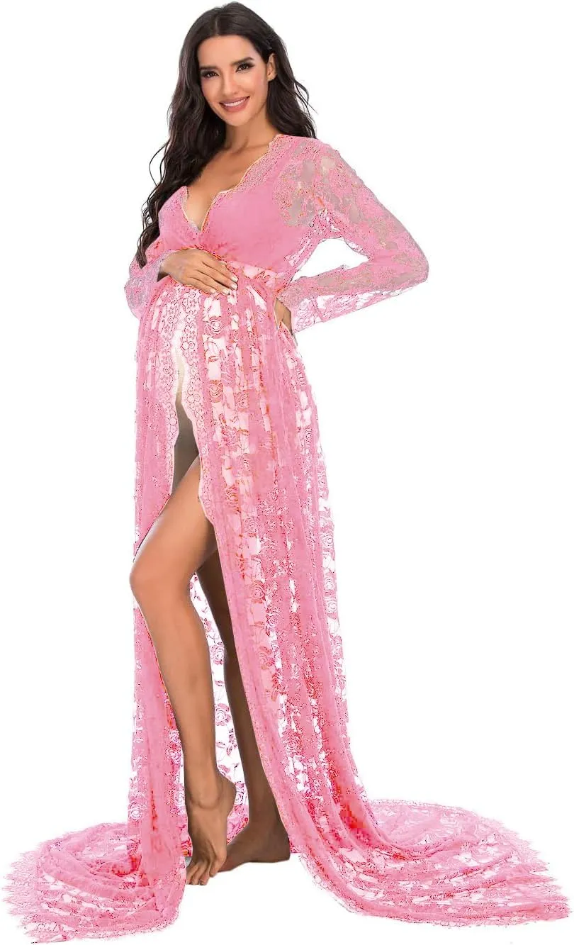 ZIUMUDY Maternity Deep V-Neck Split Front See-Through Maxi Lace Dress for Photography with Long Sleeve