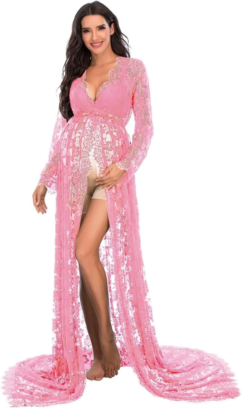 ZIUMUDY Maternity Deep V-Neck Split Front See-Through Maxi Lace Dress for Photography with Long Sleeve