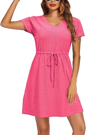 ZYXTIM Eyelet Dresses for Women 2025 Short Sleeve V Neck Hollow Out Lace Ruffle Casual Beach Vacation Summer Party Dress