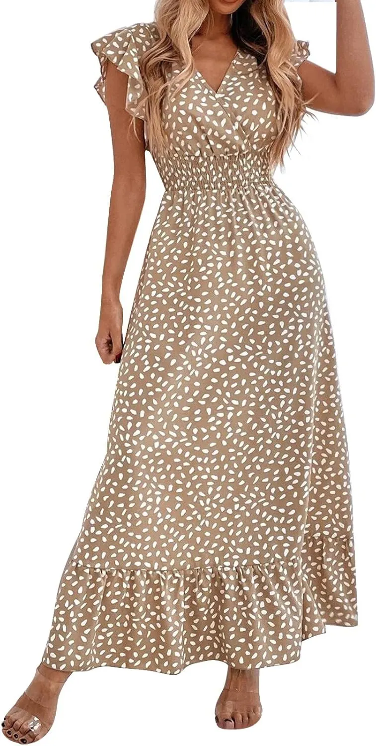 ZYXTIM Summer Floral Maxi Dress for Women 2025 V Neck Ruffle Sleeve Casual Flowy Swing Dresses Beach Wedding Guest Dresses