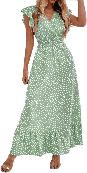 ZYXTIM Summer Floral Maxi Dress for Women 2025 V Neck Ruffle Sleeve Casual Flowy Swing Dresses Beach Wedding Guest Dresses