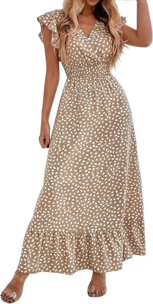 ZYXTIM Summer Floral Maxi Dress for Women 2025 V Neck Ruffle Sleeve Casual Flowy Swing Dresses Beach Wedding Guest Dresses