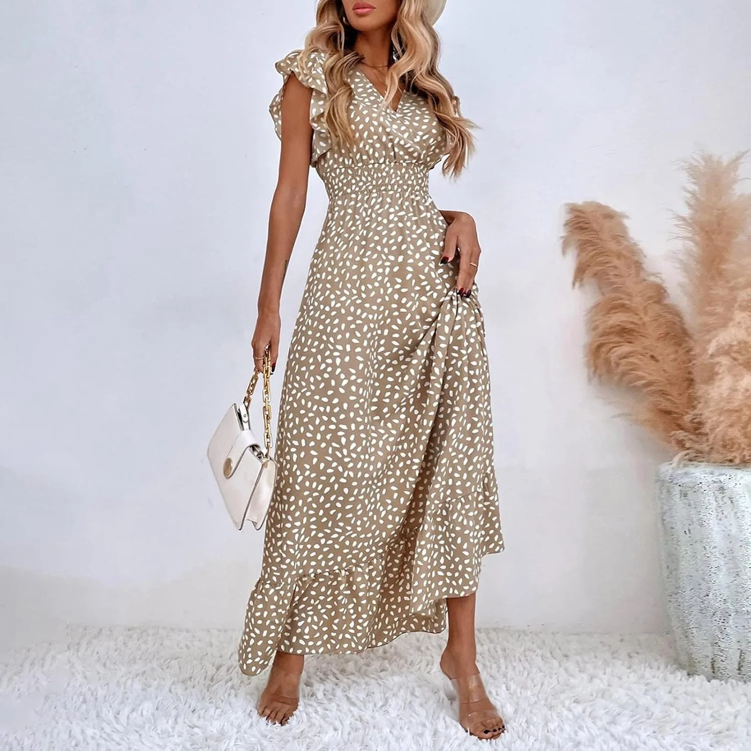 ZYXTIM Summer Floral Maxi Dress for Women 2025 V Neck Ruffle Sleeve Casual Flowy Swing Dresses Beach Wedding Guest Dresses