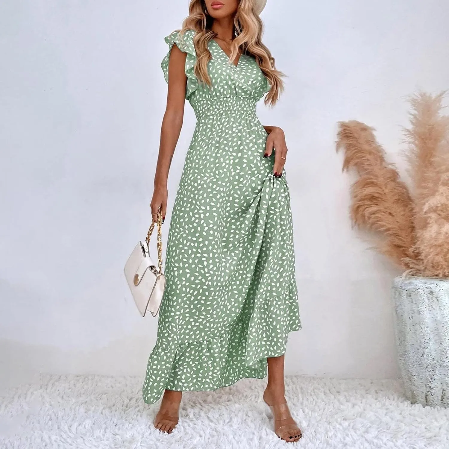 ZYXTIM Summer Floral Maxi Dress for Women 2025 V Neck Ruffle Sleeve Casual Flowy Swing Dresses Beach Wedding Guest Dresses
