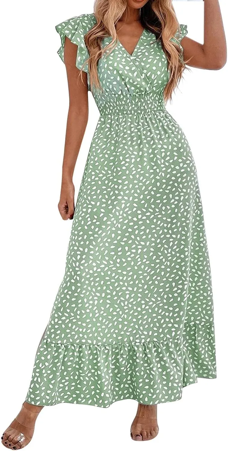 ZYXTIM Summer Floral Maxi Dress for Women 2025 V Neck Ruffle Sleeve Casual Flowy Swing Dresses Beach Wedding Guest Dresses