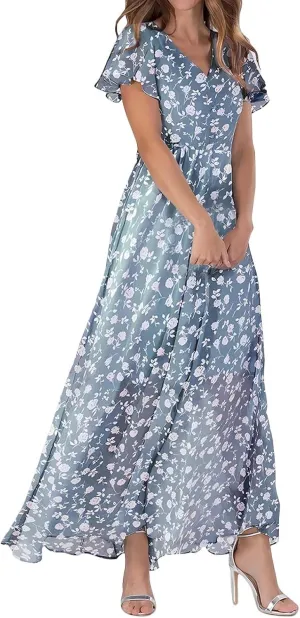 ZYXTIM Womens Floral Print Chiffon Dress Elegant V Neck Flare Sleeve Flowy A Line Maxi Dresses Summer Boho Smocked Long Dress